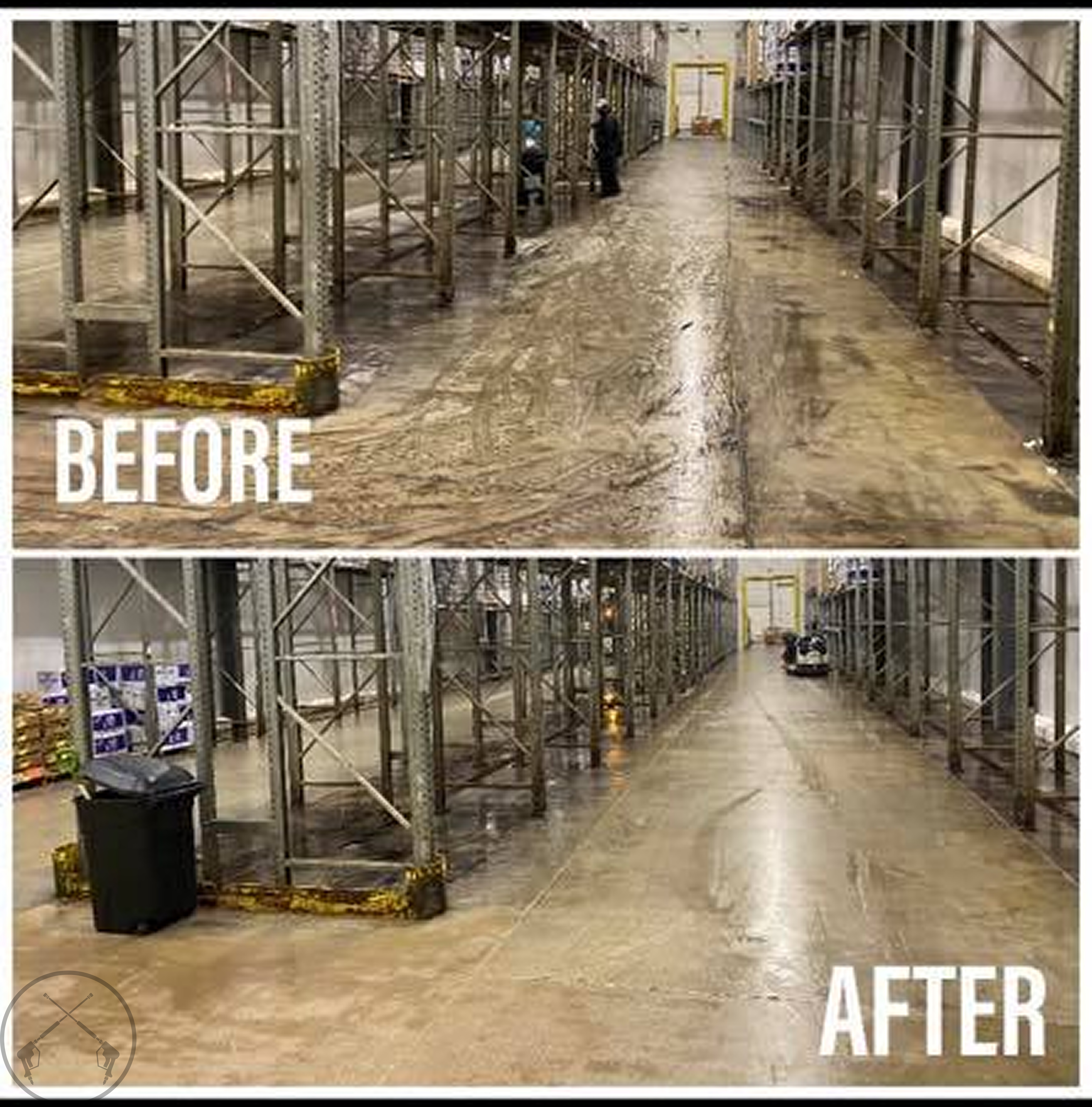 Before and after of Xterior Care Professionals pressure washing job at a commercial warehouse property in Jacksonville, FL